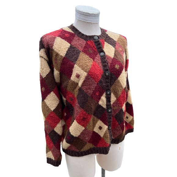 Vintage Talbots Argyle Boucle Knit Red & Tan Button Up Cardigan Sweater - Picture 2 of 11